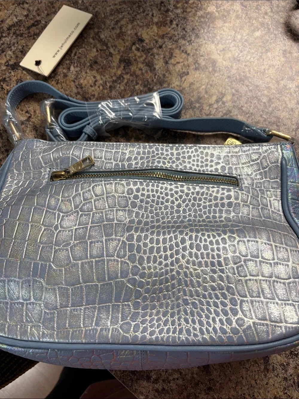 Metallic Blue Croc-Embossed Crossbody Bag